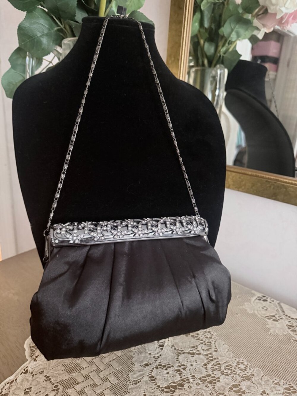 Joymax Black Satin Evening Bag Clutch or Hanging